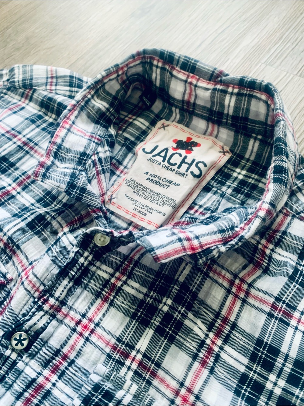 JACHS Just a Cheap Shirt Men's Size L Red Navy White Plaid Button Down Shirt